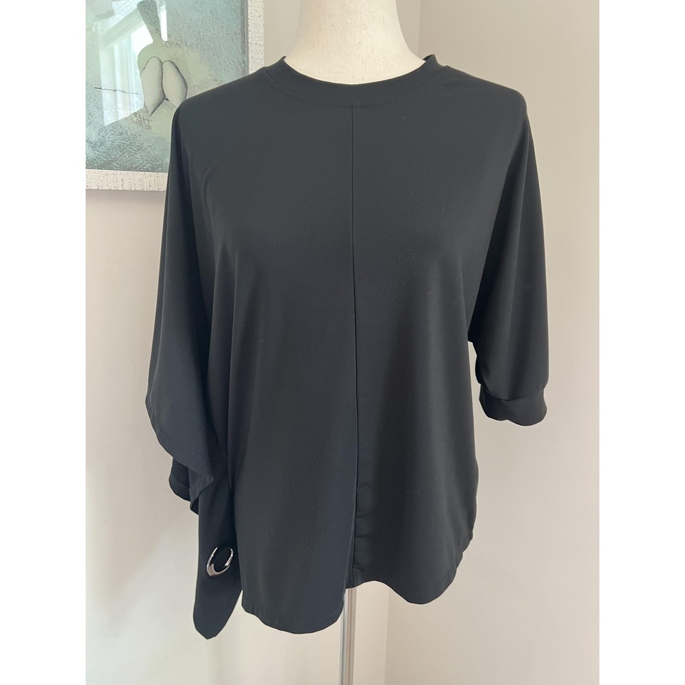 Kate Hewko Top Large Black Asymmetrical Sleeve Tunic Minimalist Artsy Lagenlook